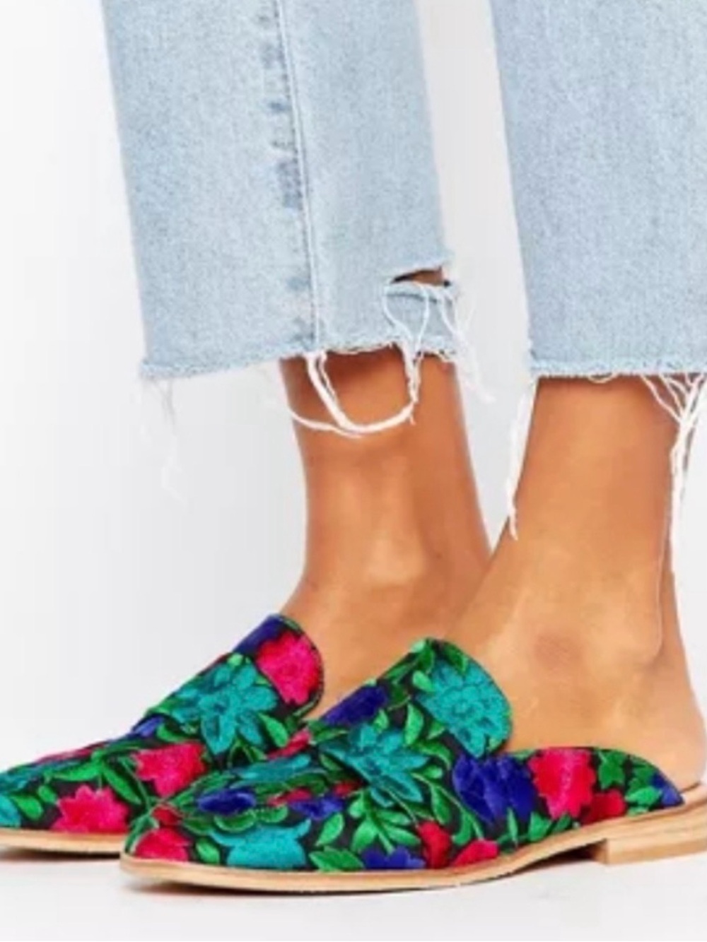 Free People Green Floral Embroidered Slip-On Mules